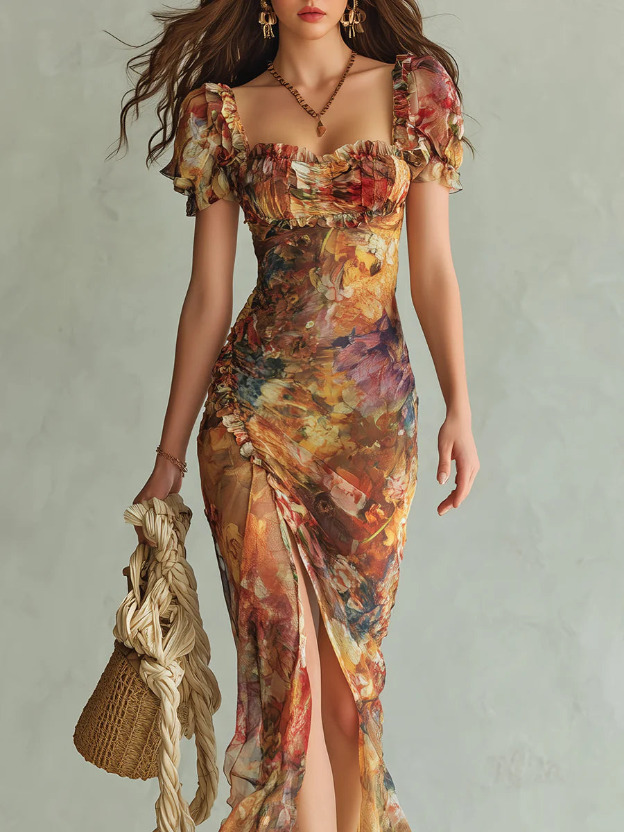 Orange Square Neck Ruffle Puff Sleeve Floral Ruched High Slit Maxi Dress