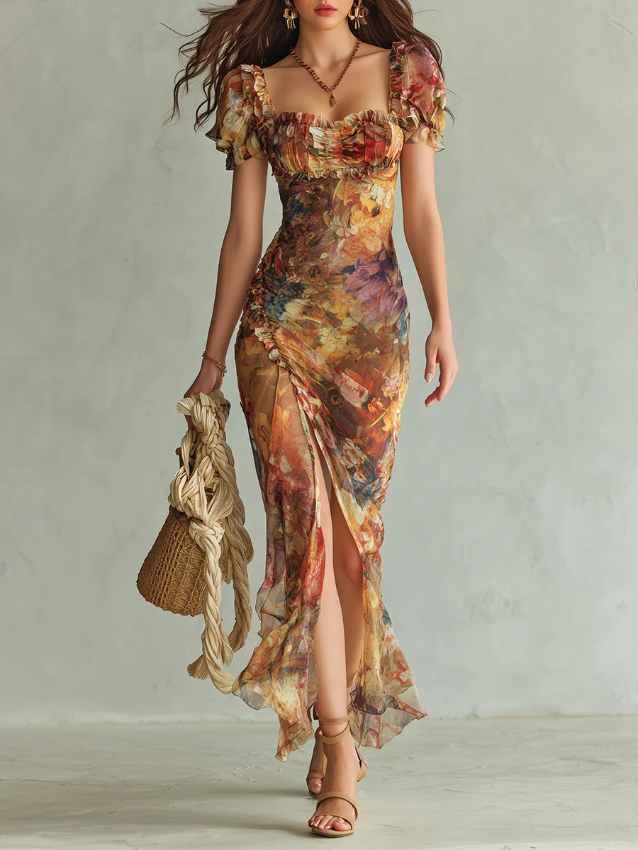 Orange Square Neck Ruffle Puff Sleeve Floral Ruched High Slit Maxi Dress