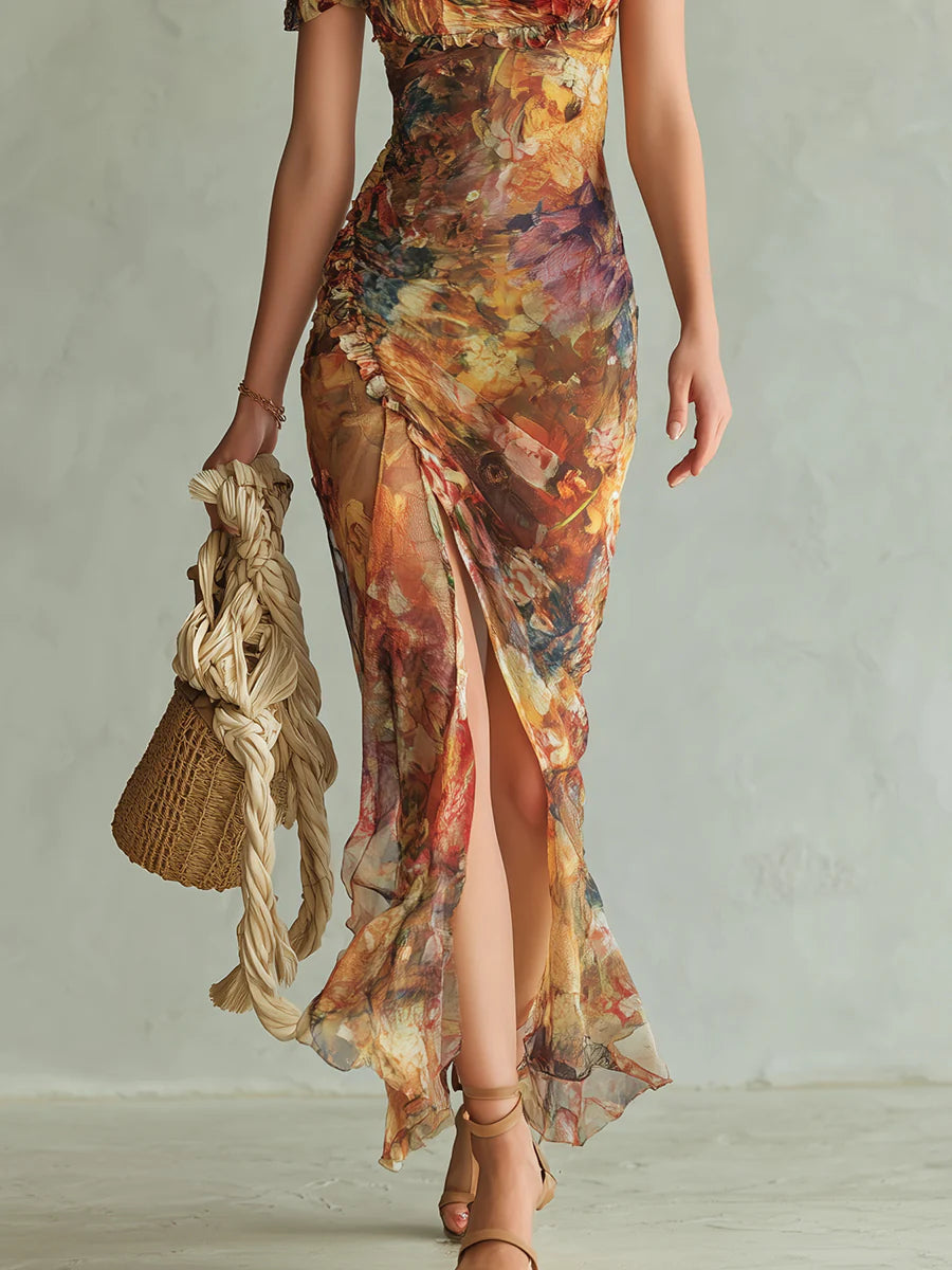 Orange Square Neck Ruffle Puff Sleeve Floral Ruched High Slit Maxi Dress