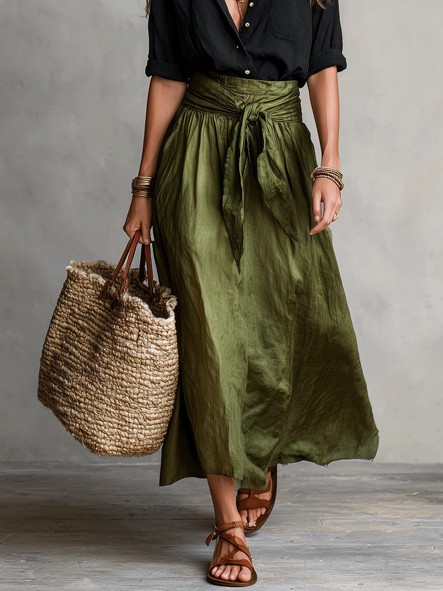 High-Waist Tie-Front Pleated Flowy Maxi Skirt 4