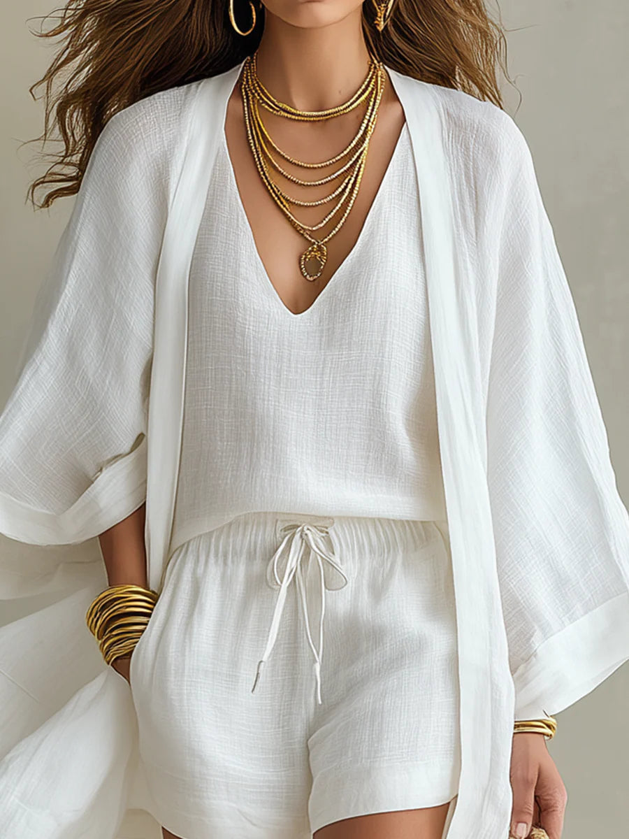V-Neck Linen Kimono Top And Drawstring Shorts Set 4