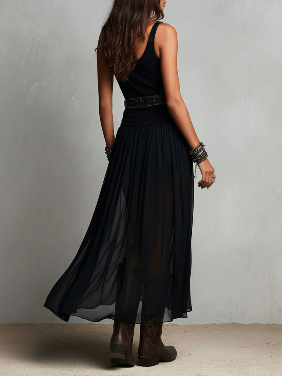 Black Scoop Neck Belted Sleeveless Tulle Handkerchief Hem Maxi Dress 5