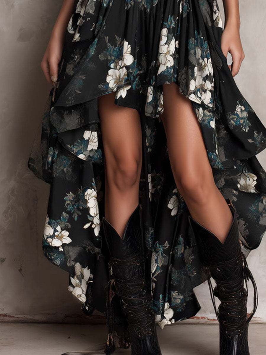 Black Spaghetti Strap Floral Print Ruched Tiered High-Low Maxi Dress 9