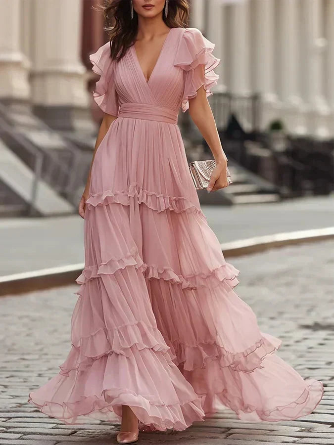 Light Pink V-Neck Ruffle Flutter Sleeve Pleated Tiered Chiffon Maxi Gown 2