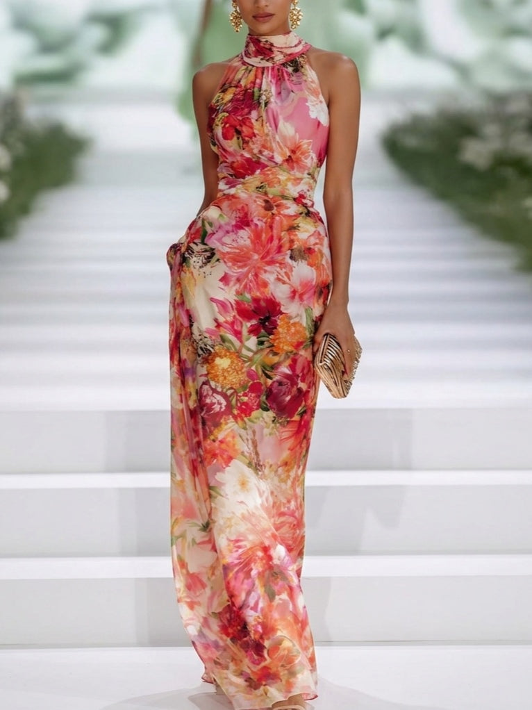 Red Halter Neck Floral Chiffon Sleeveless Ruched Column Maxi Dress