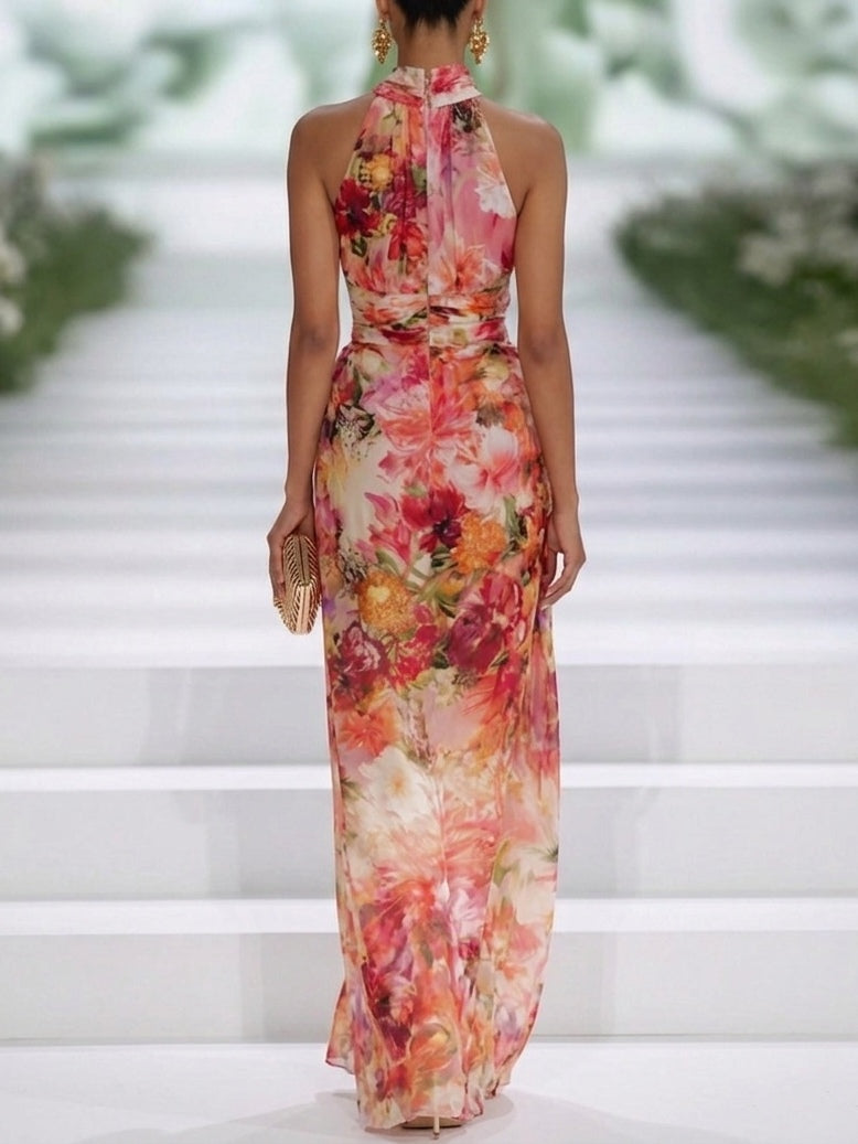 Red Halter Neck Floral Sleeveless Draped Column Maxi Dress