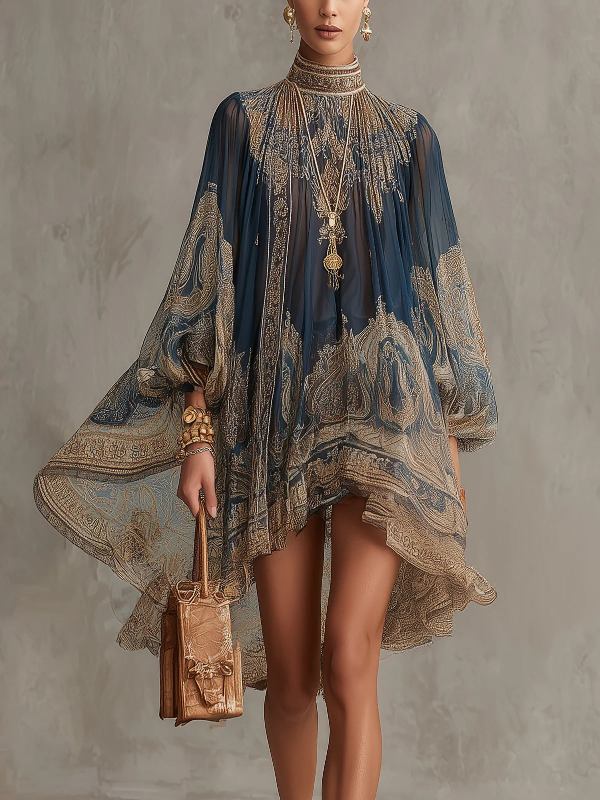 High Neck Long Sleeve Baroque Print Chiffon Flowy Mini Dress