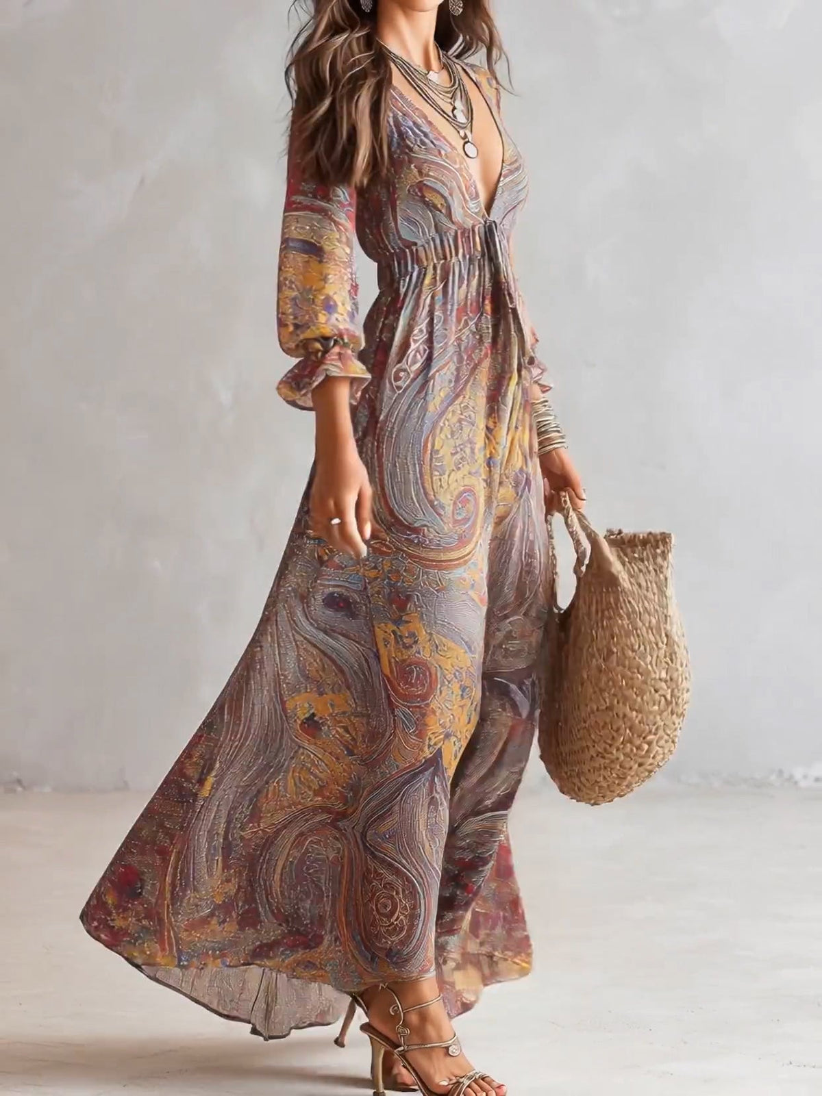 Multicolor Deep V-Neck Paisley Print Long Sleeve Drawstring Flowy Maxi Dress 2