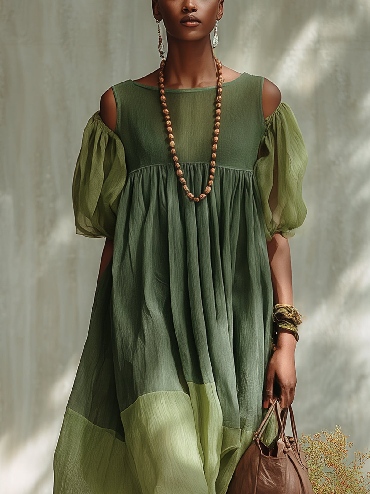 Green Round Neck Cold Shoulder Puff Sleeve Chiffon Babydoll Midi Dress