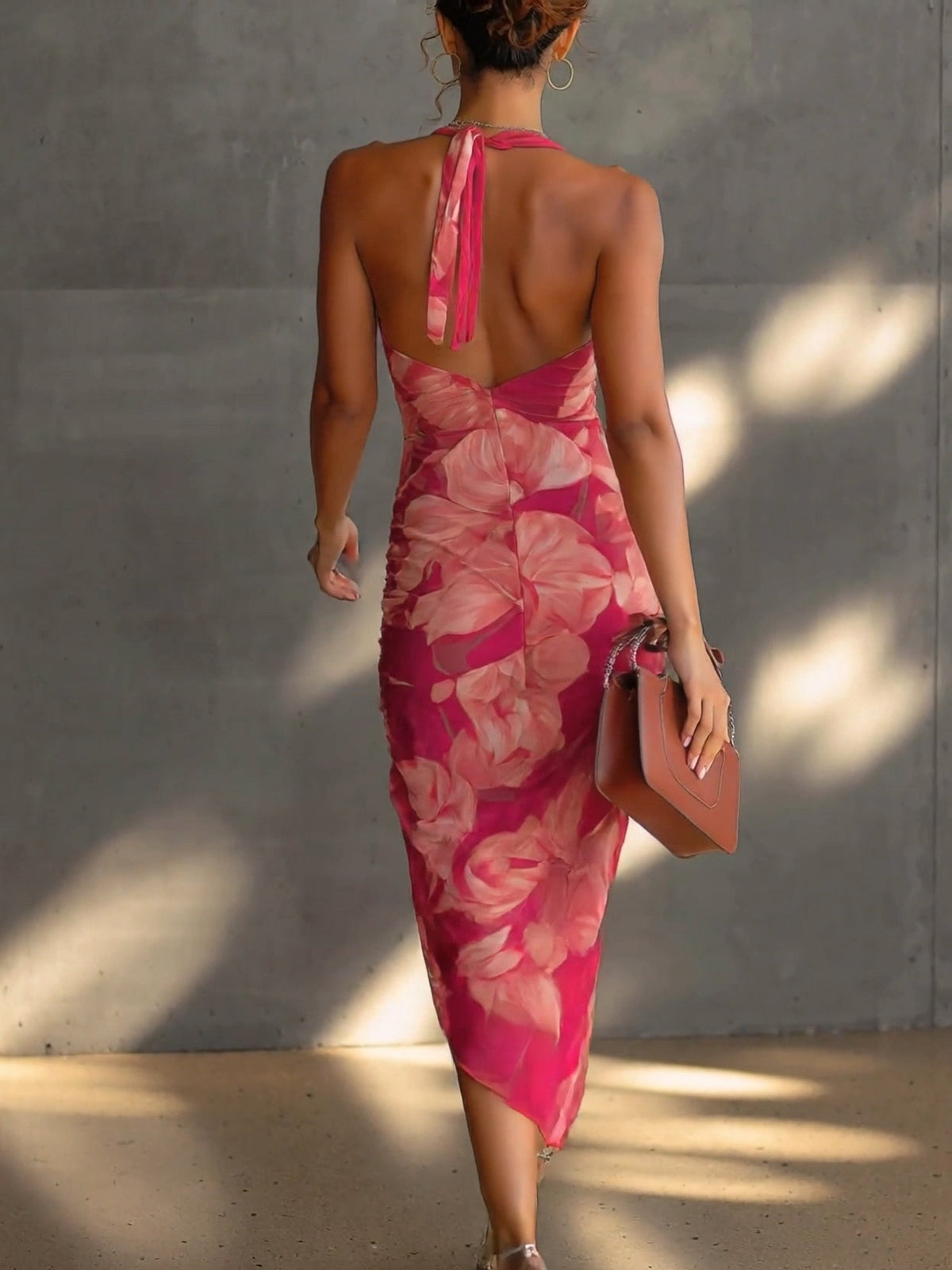 Fuchsia Halter Cowl Neck Floral Ruched Side Slit Bodycon Midi Dress
