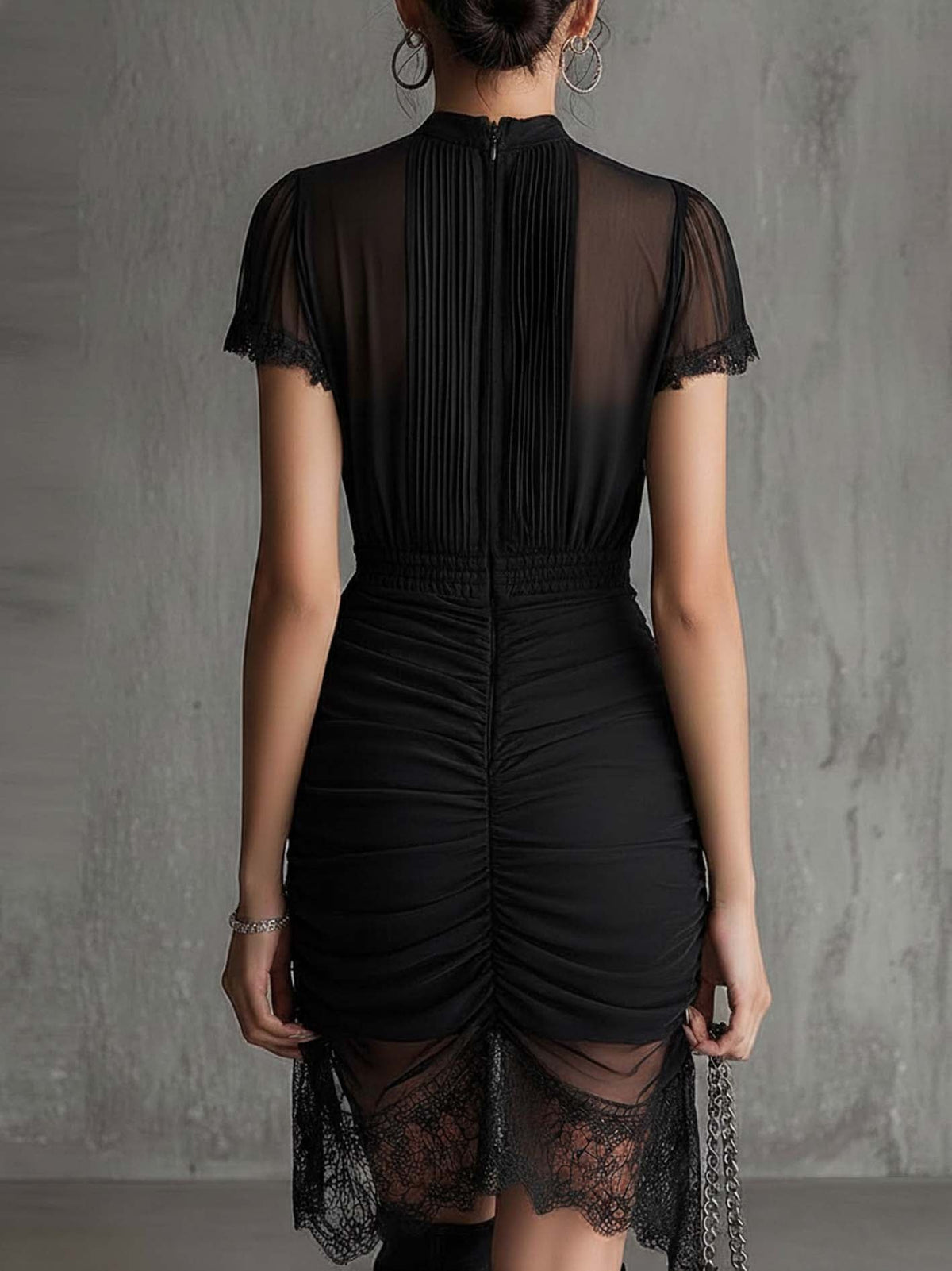 Black Mock Neck Sheer Mesh Pleated Ruched Lace Hem Bodycon Midi Dress