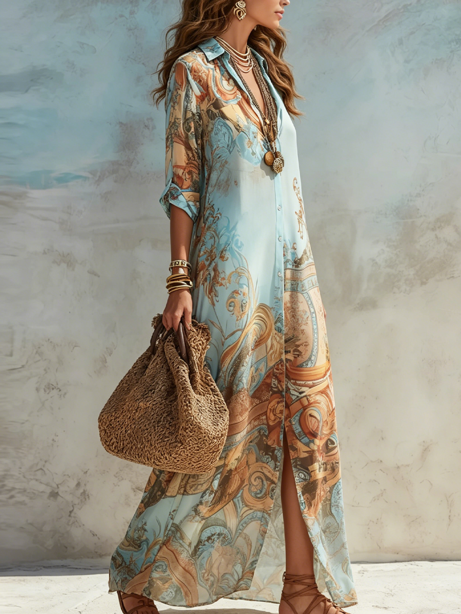 Blue Collared Baroque Print Chiffon Long Sleeve Button Front Maxi Shirt Dress 2