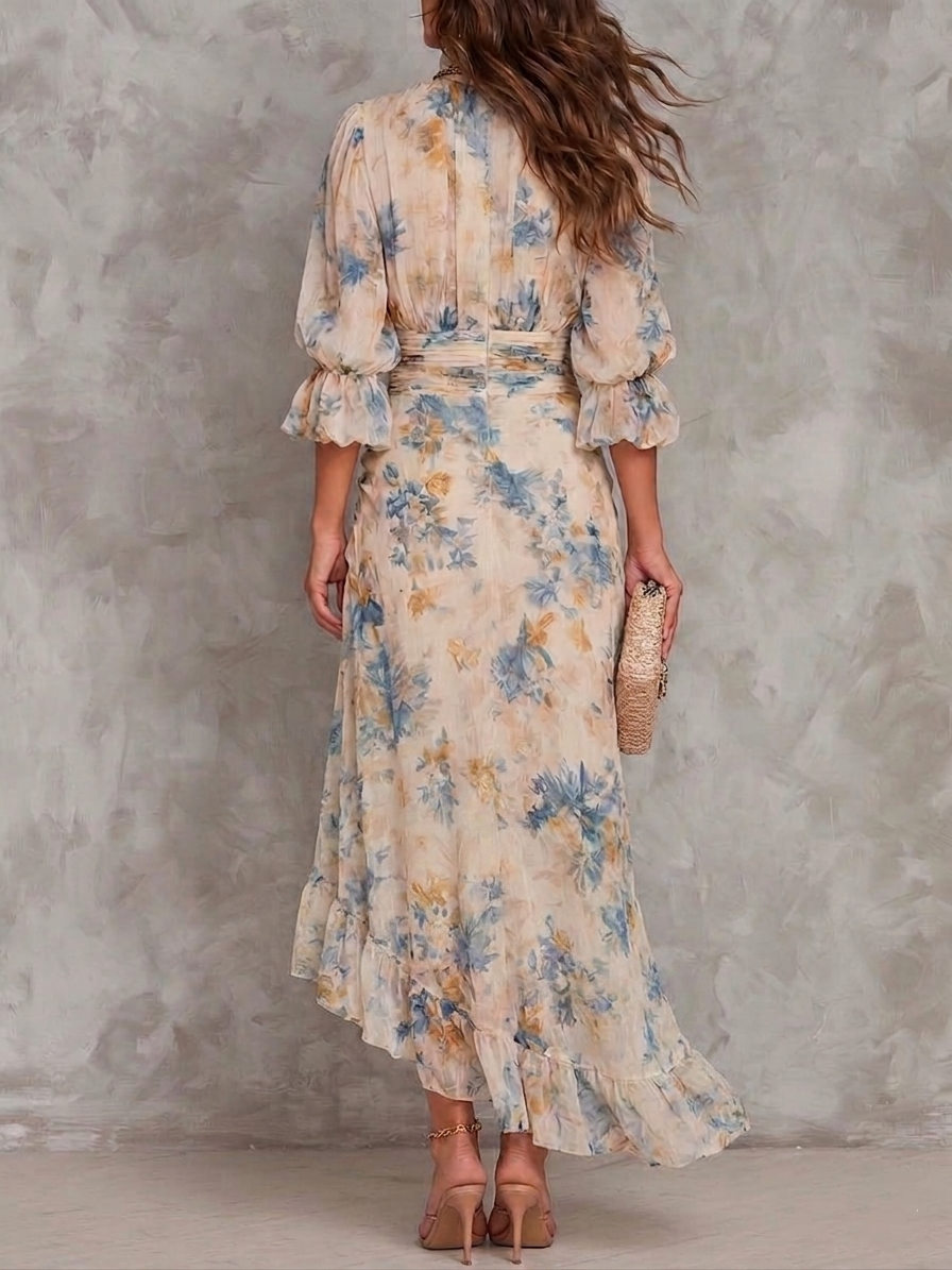 Beige High Neck Floral Puff Sleeve Ruched Ruffle High Slit Maxi Dress 2