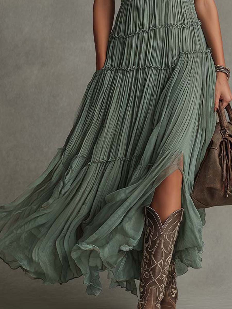 V-Neck Sleeveless Pleated Chiffon Tiered Flowy Maxi Dress 3