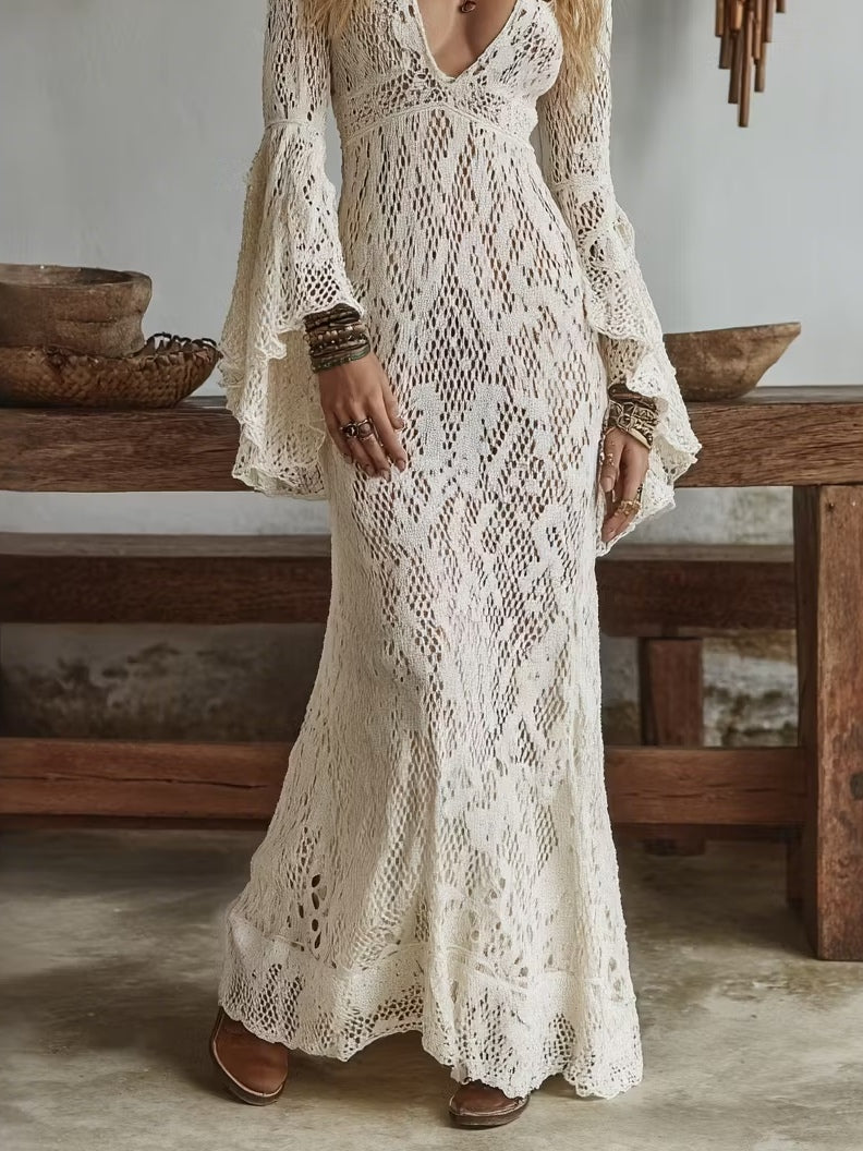 Off-white V-neck Hollowed-out Bell Sleeve Fishtail Maxi Dress