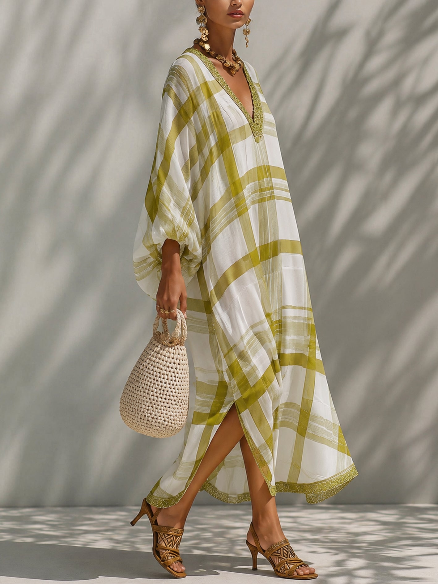 Green Plaid Chiffon Loose-fitting Kaftan Maxi Dress