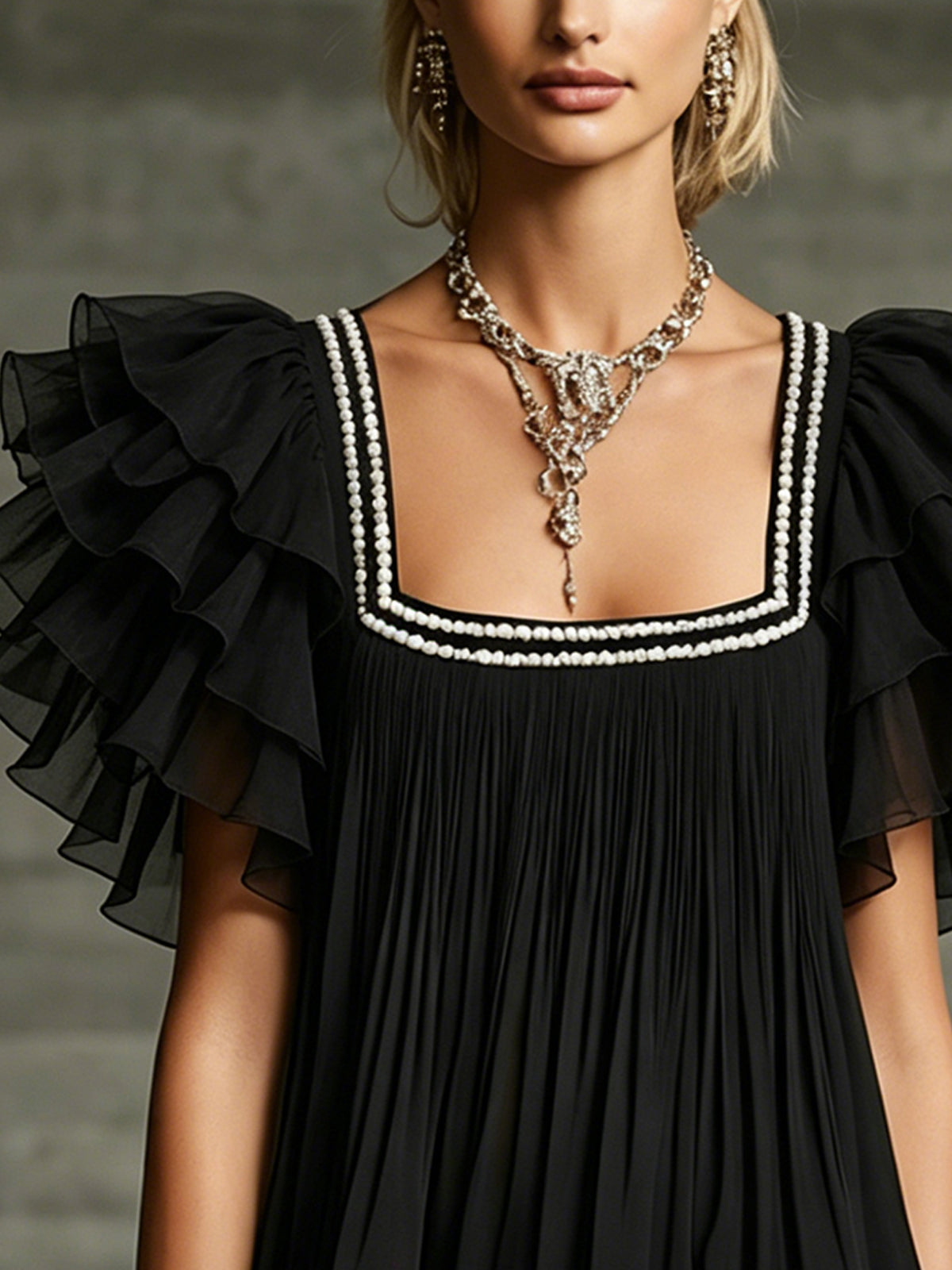 Black Pearl-trimmed Square Neck ruffle Chiffon Mini Dress