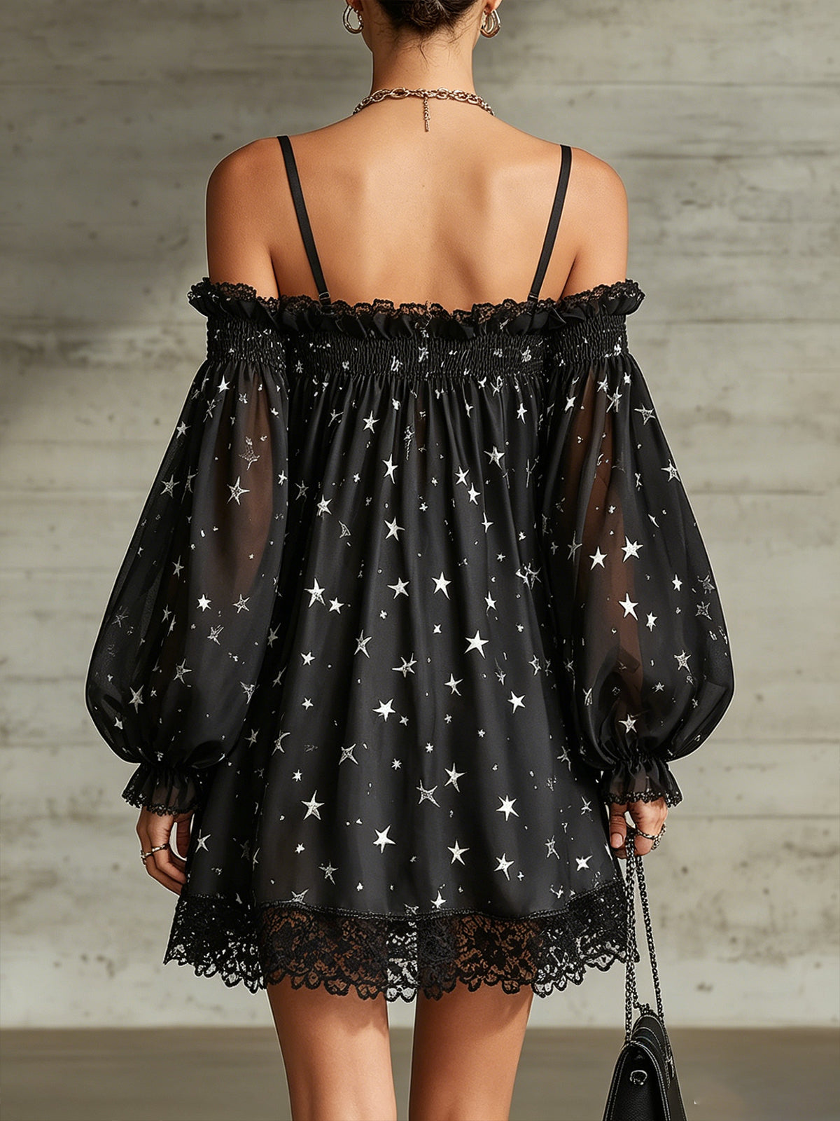 Black Off-the-shoulder Star-print Lace-trimmed Mini Dress