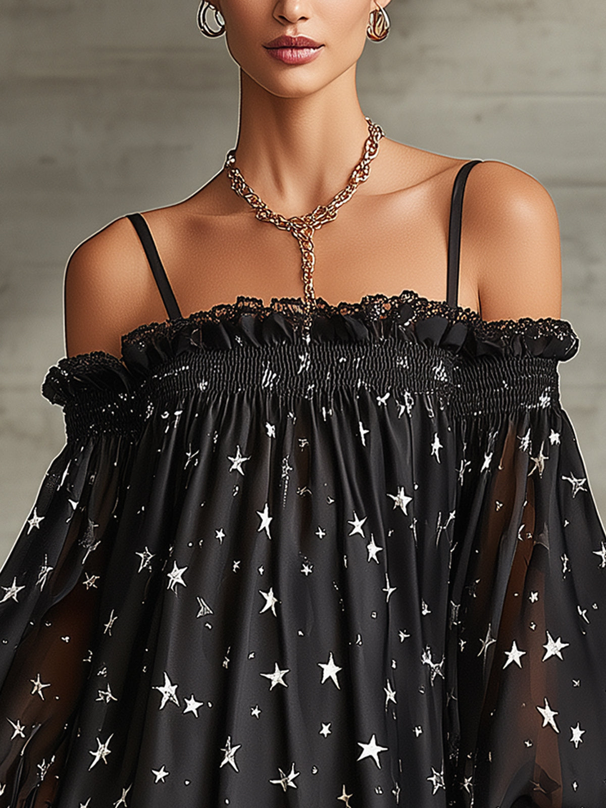 Black Off-the-shoulder Star-print Lace-trimmed Mini Dress