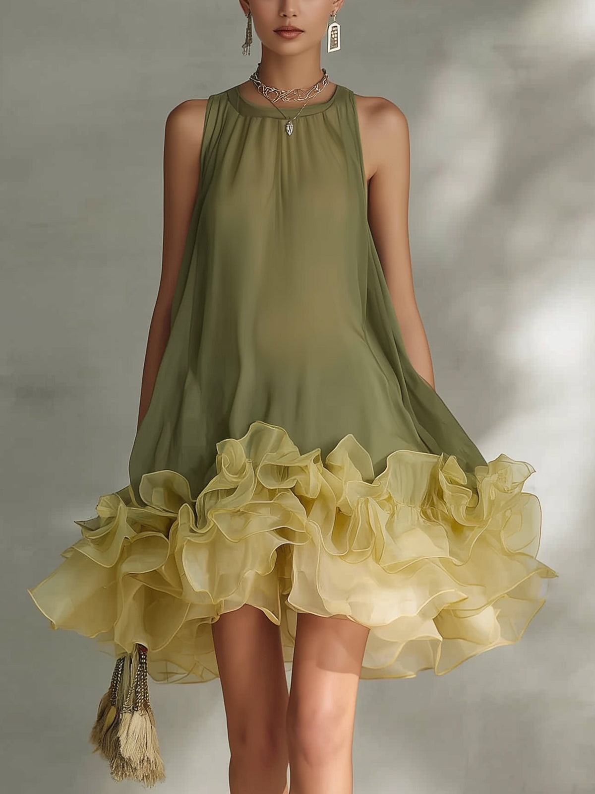 Olive Green Layered Ruffled Chiffon Mini Dress
