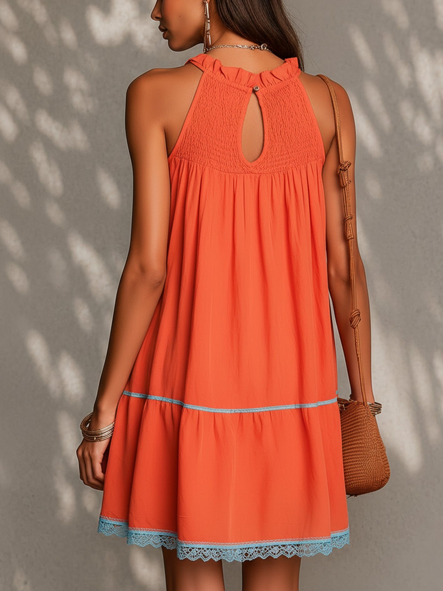Orange Patchwork Lace Trim Sleeveless Pleated Mini Dress