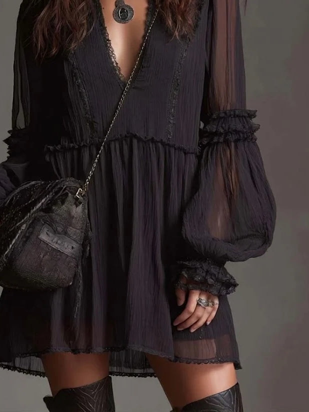 Black Chiffon Lantern Sleeve Ruffled Lace Mini Dress