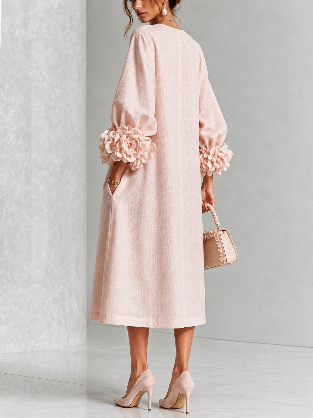 Round Neck Rosette Applique Puff Sleeve Button A-Line Midi Dress 4