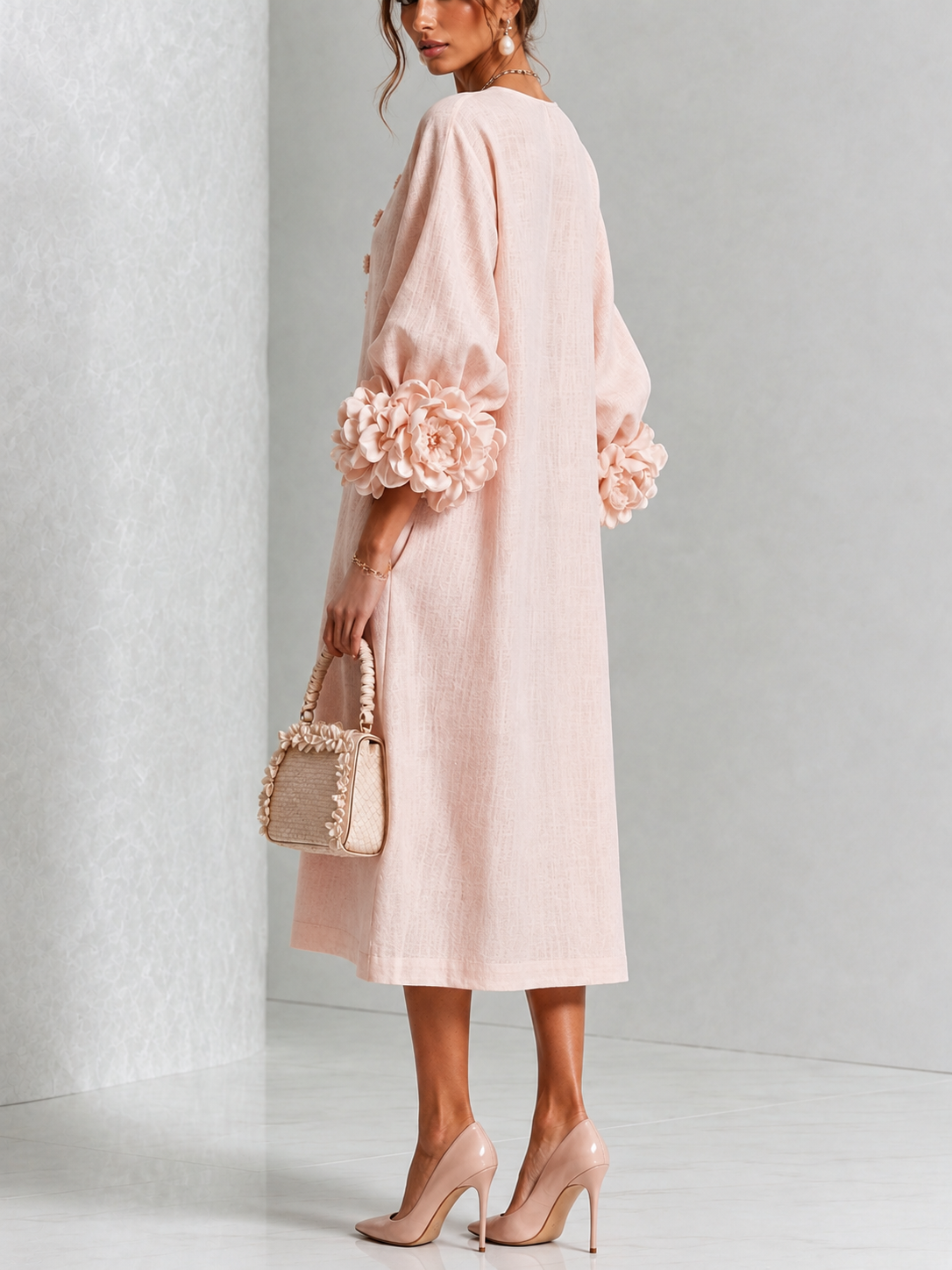 Round Neck Rosette Applique Puff Sleeve Button A-Line Midi Dress 3
