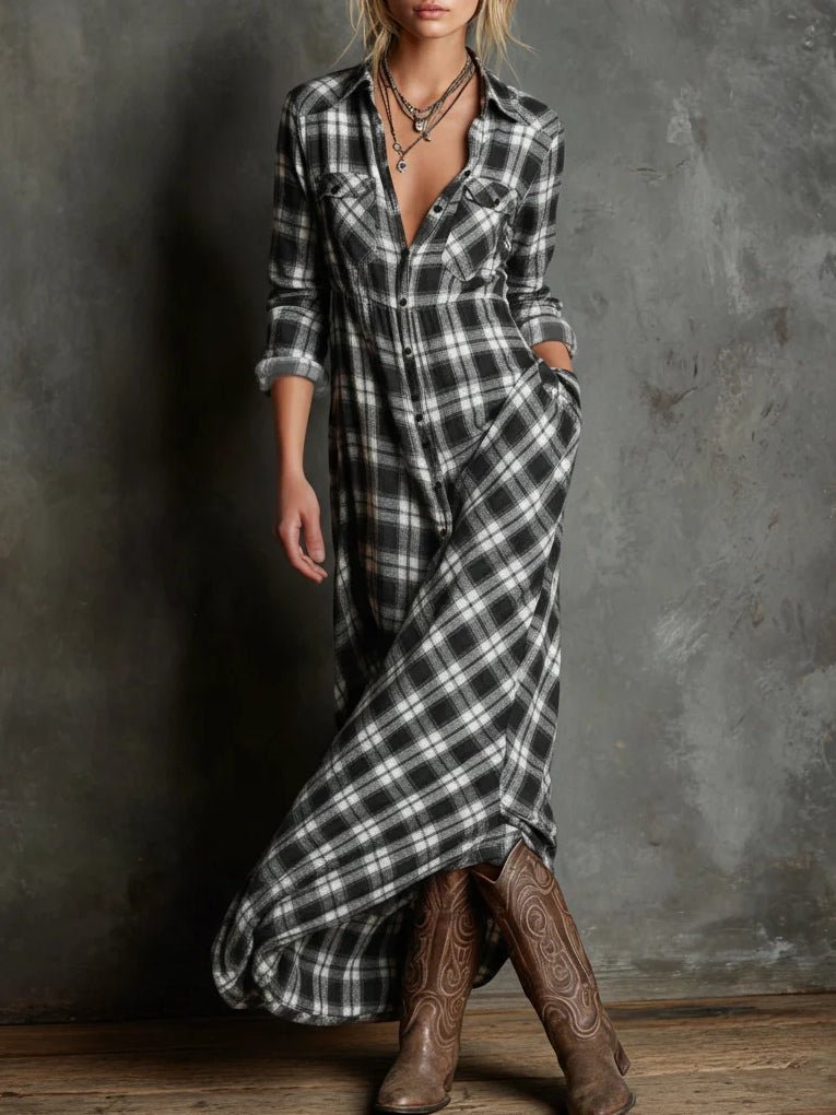 Collared Button Front Plaid Long Sleeve Shirt Maxi Dress 3