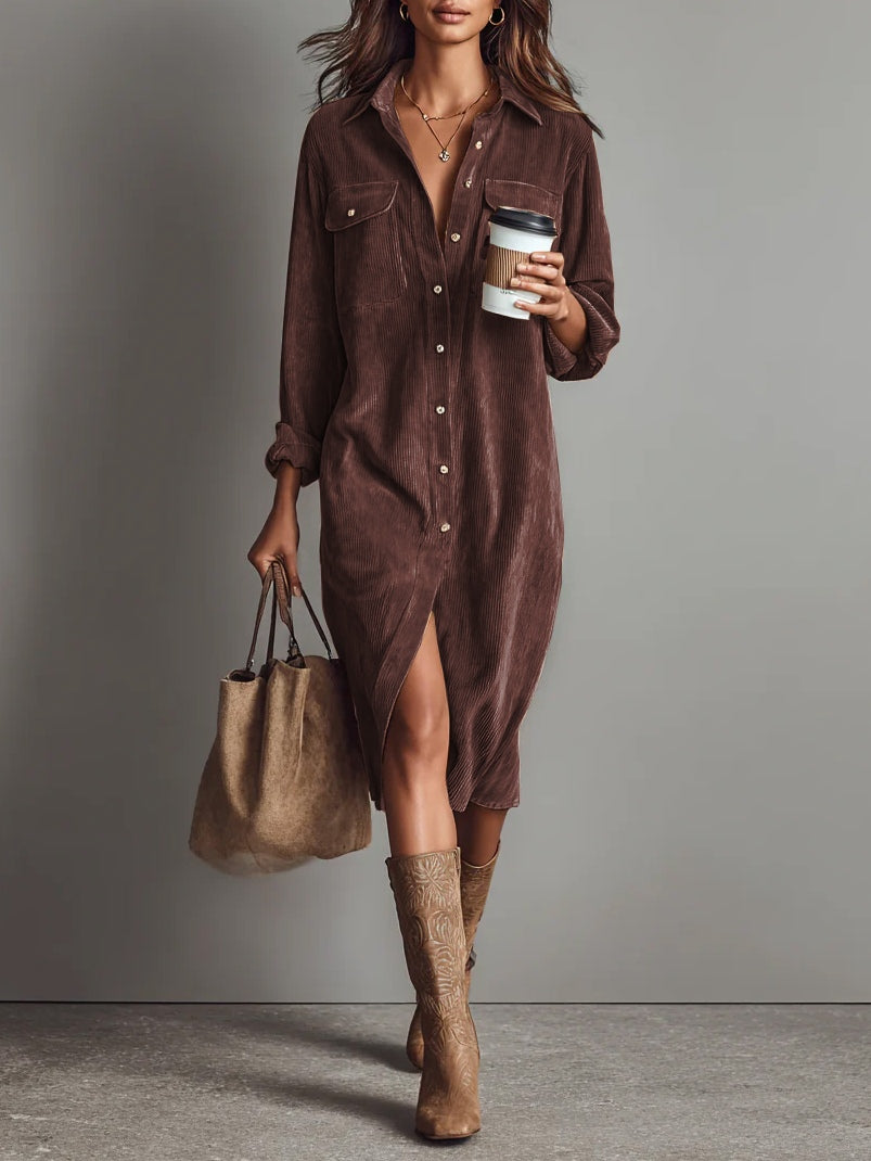 Collared Corduroy Long Sleeve Button Front Slit Shirt Midi Dress