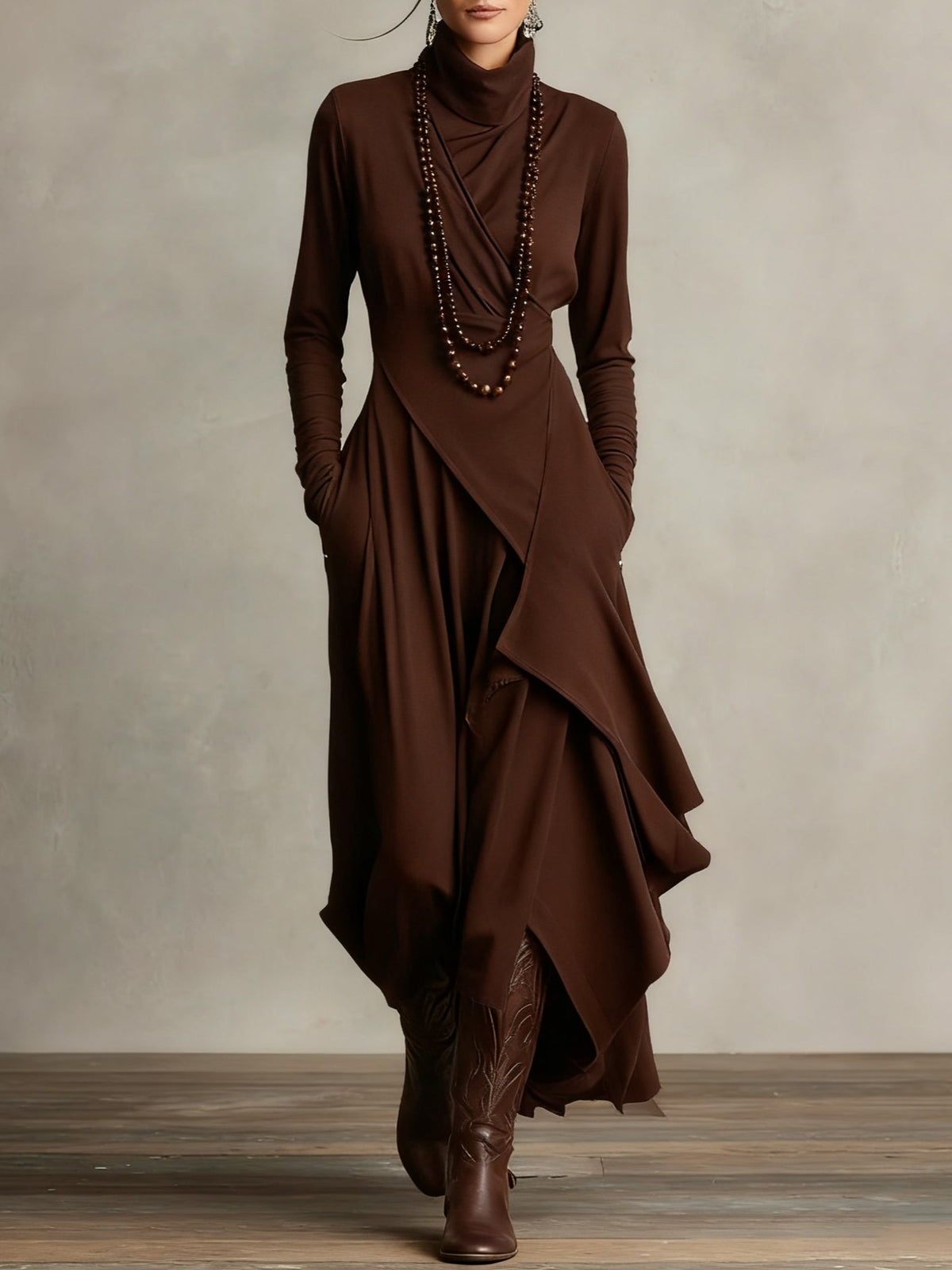 High Neck Long Sleeve Draped Asymmetrical Ruffle Maxi Dress