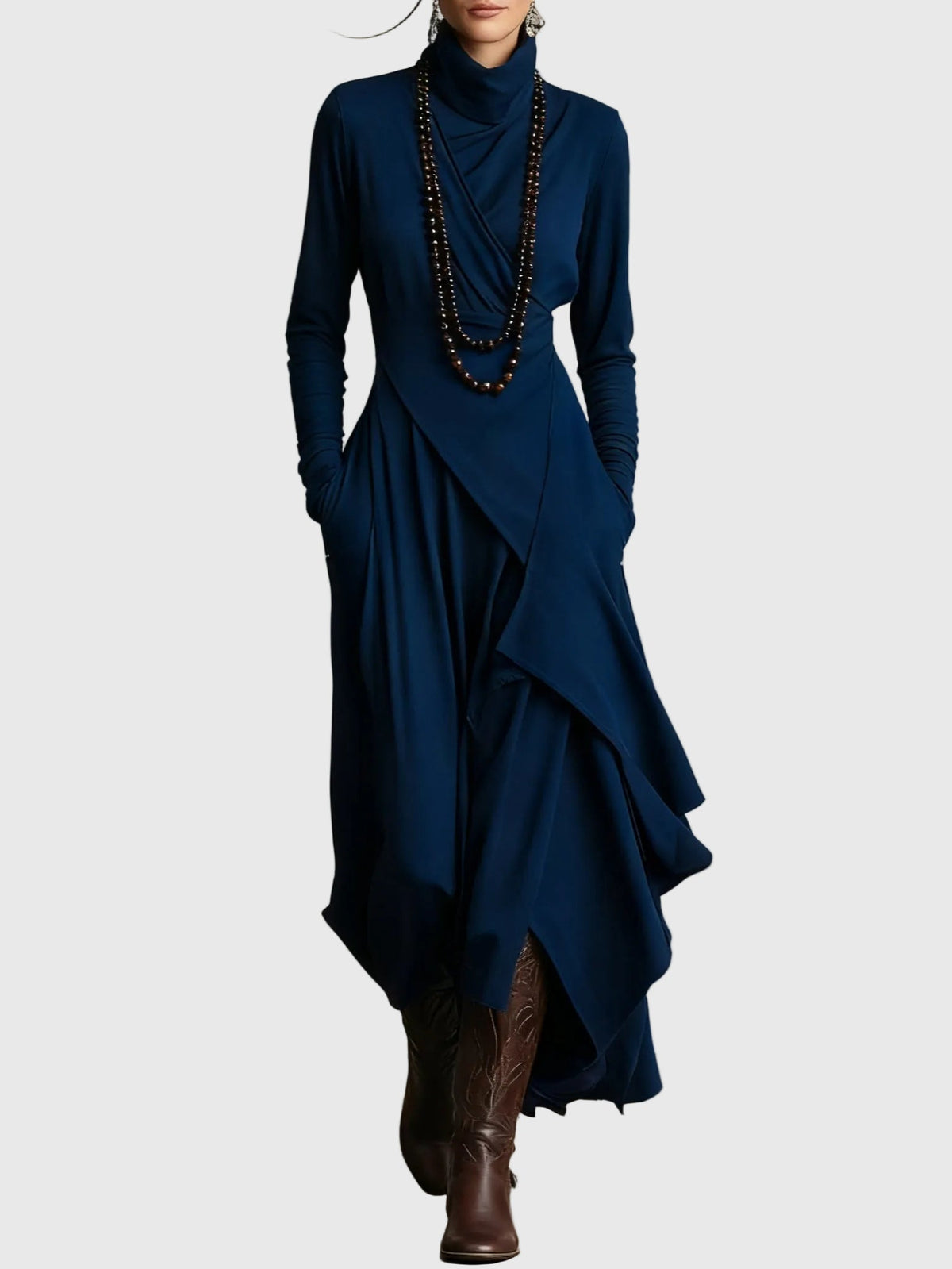 Cowl Neck Long Sleeve Draped Layered Asymmetric Tiered Maxi Dress