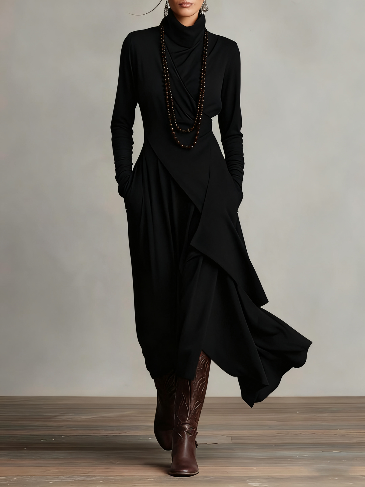 High Neck Long Sleeve Draped Asymmetrical Ruffle Maxi Dress