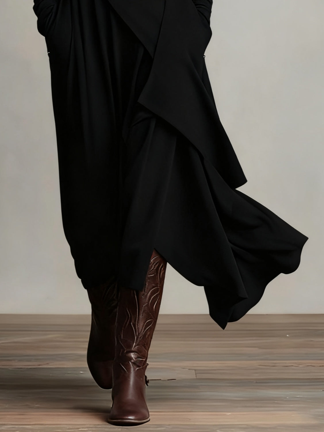 High Neck Long Sleeve Draped Asymmetrical Ruffle Maxi Dress