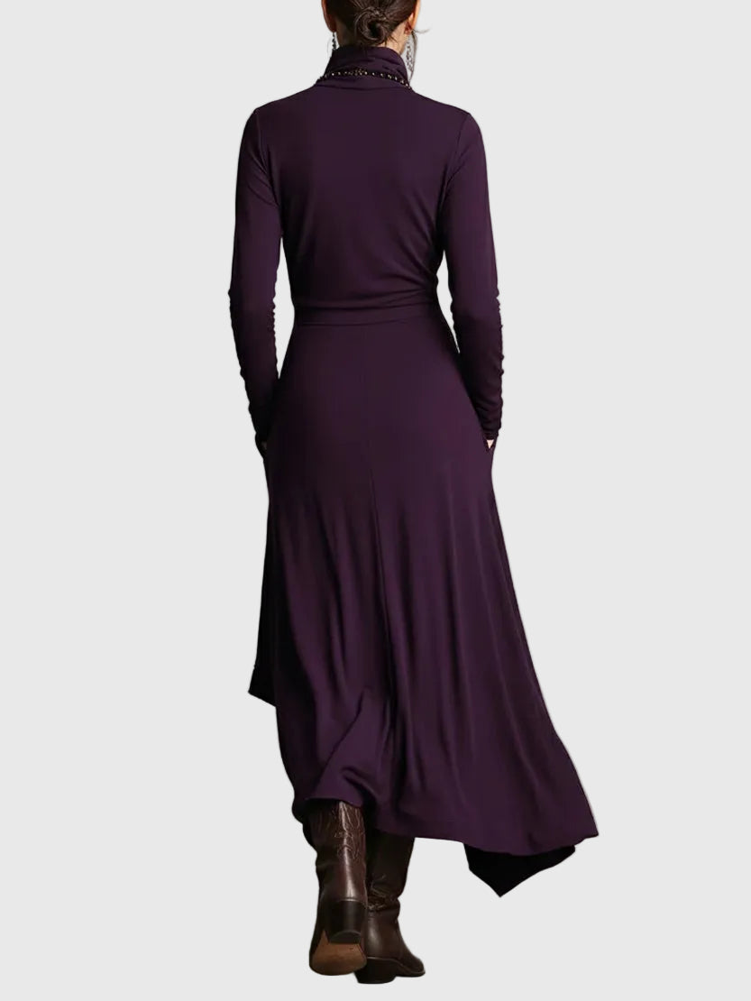 Cowl Neck Long Sleeve Draped Layered Asymmetric Tiered Maxi Dress