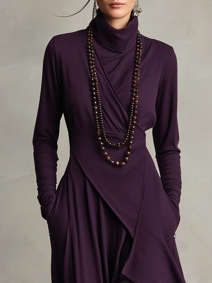 High Neck Long Sleeve Draped Asymmetrical Ruffle Maxi Dress