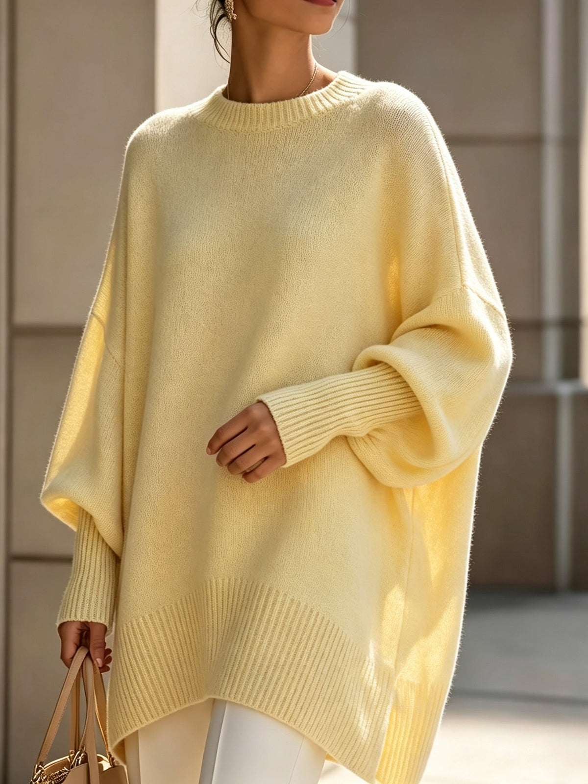 Mock Neck Drop Shoulder Asymmetric Hem Oversized Knit Sweater 20