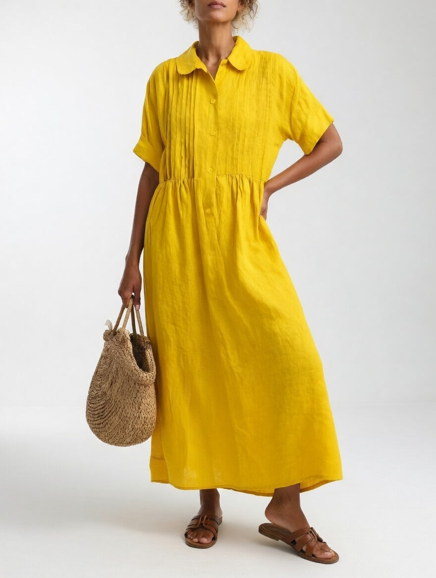 Collared Pintuck Pleated Short Sleeve Linen A-Line Maxi Shirt Dress