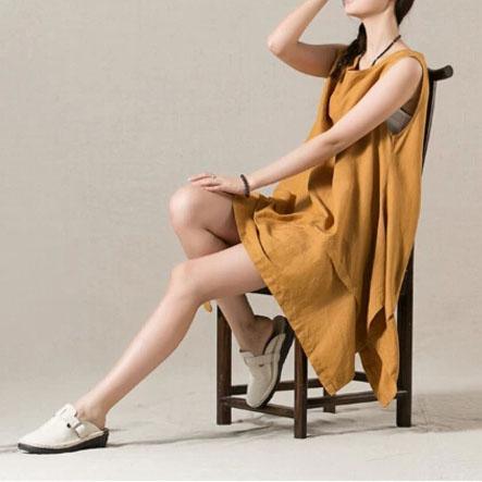 Yellow layered linen dress sleeveless cotton sundress