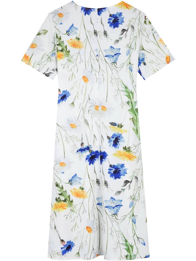Yellow and Blue Floral Short Sleeve White Pleated Midi Dress