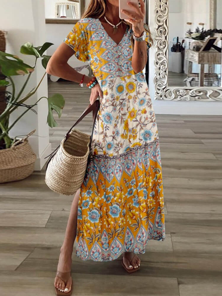 Yellow and White Prairie Tiered Slit Maxi Dress