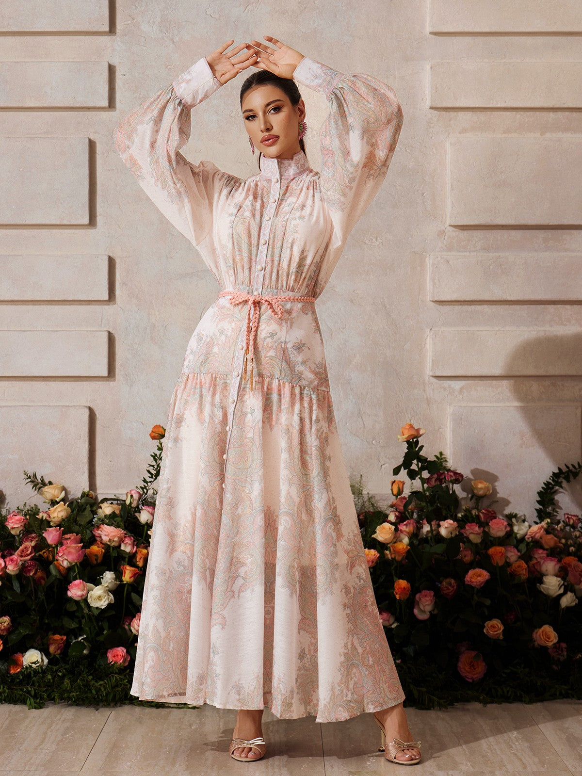 High Neck Button Up Floral Maxi Dress