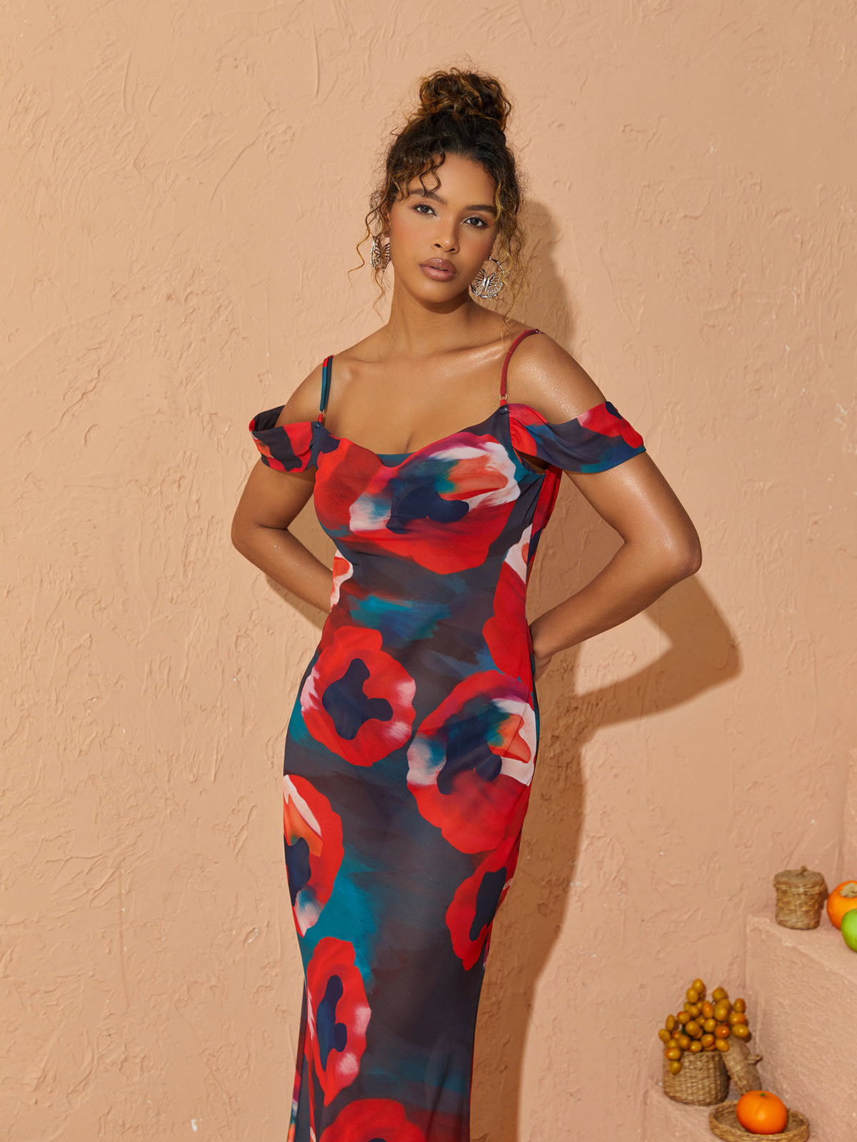 Cold Shoulder Sweetheart Abstract Floral Print Bodycon Maxi Dress