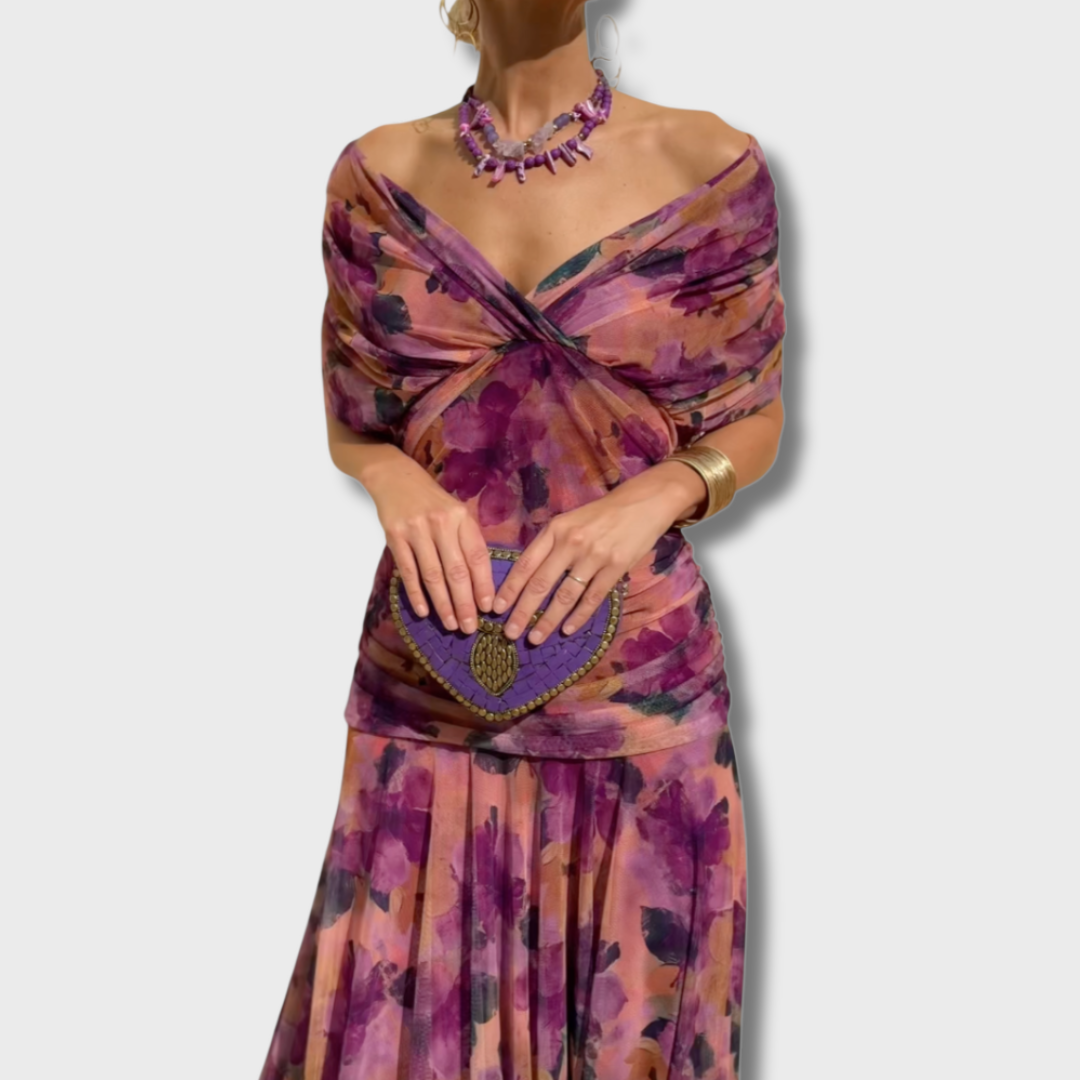 Off-Shoulder Twist Front Floral Print Chiffon Maxi Dress 7