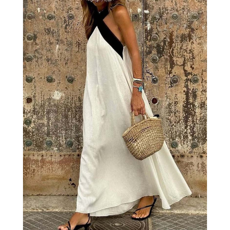 Cross Halter Neck Colorblock Sleeveless Flowy Maxi Dress