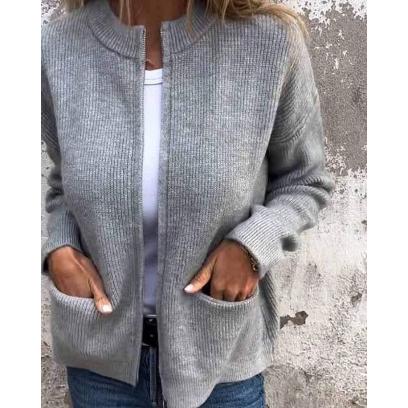Stand Collar Ribbed Knit Zip-Up Pocket Cardigan