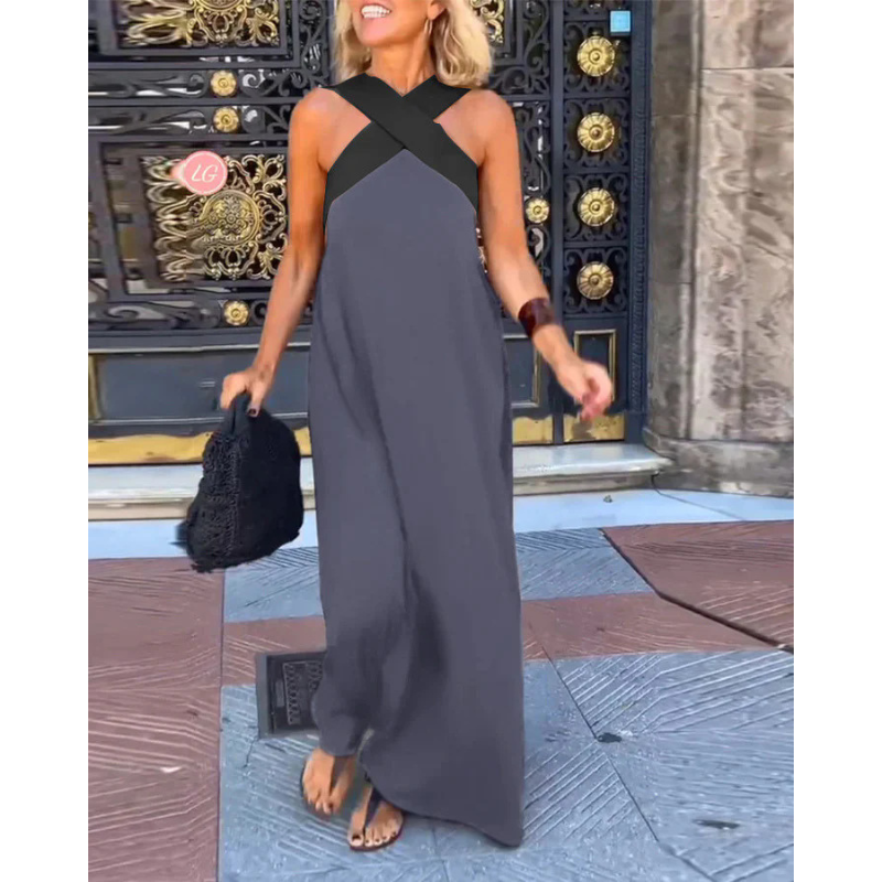 Cross Halter Neck Colorblock Sleeveless Flowy Maxi Dress
