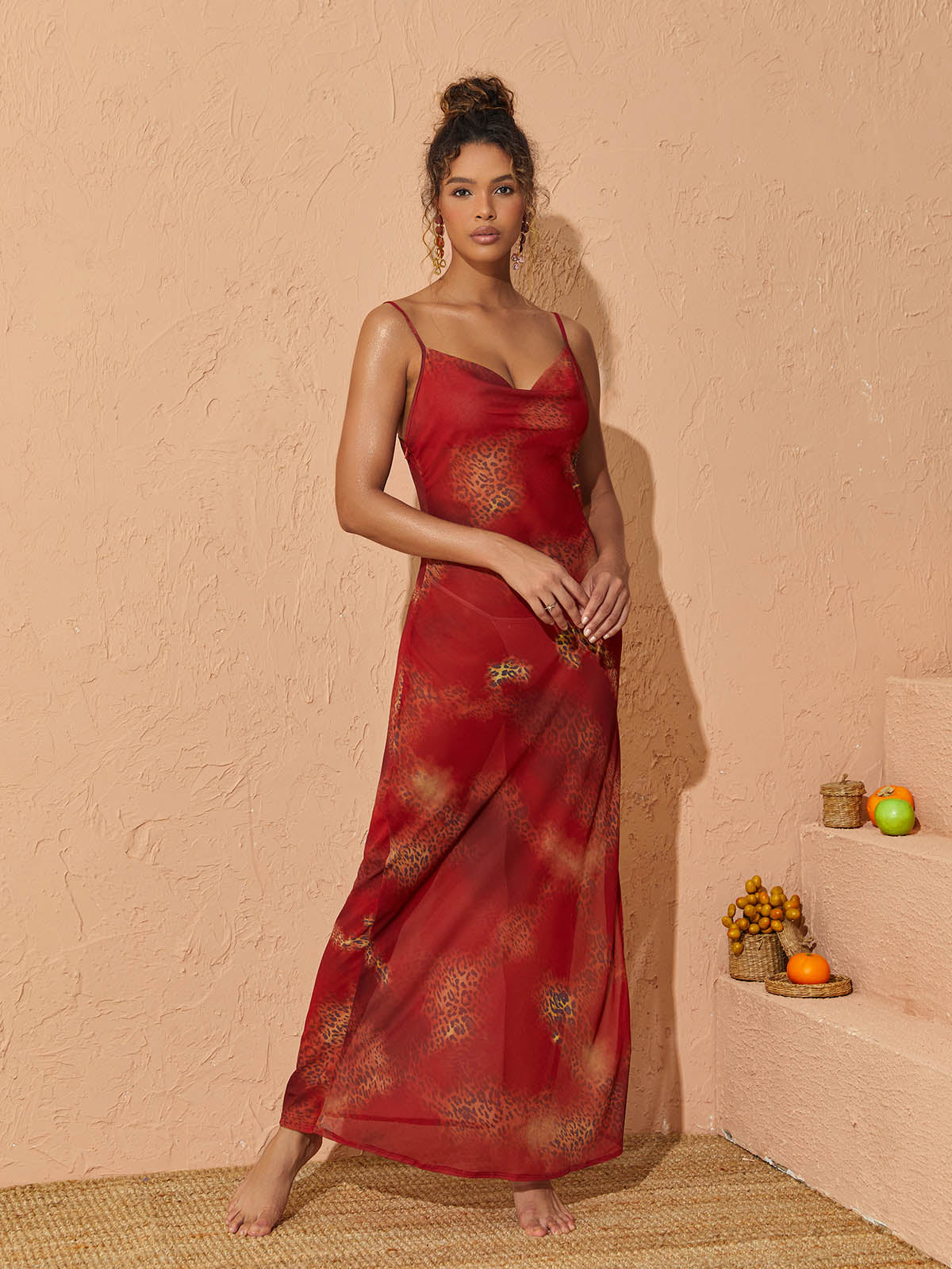 Spaghetti Strap Cowl Neck Leopard Chiffon Slip Maxi Dress