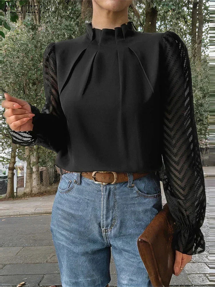 Dot Pleated Mock Neck Long Sleeve Blouse Black / S blouse-250126