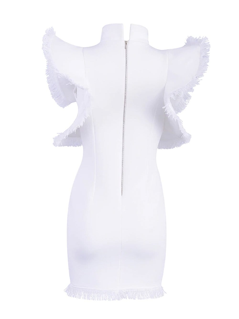 White High Neck Frayed Ruffle Trim Embellished Bodycon Mini Dress
